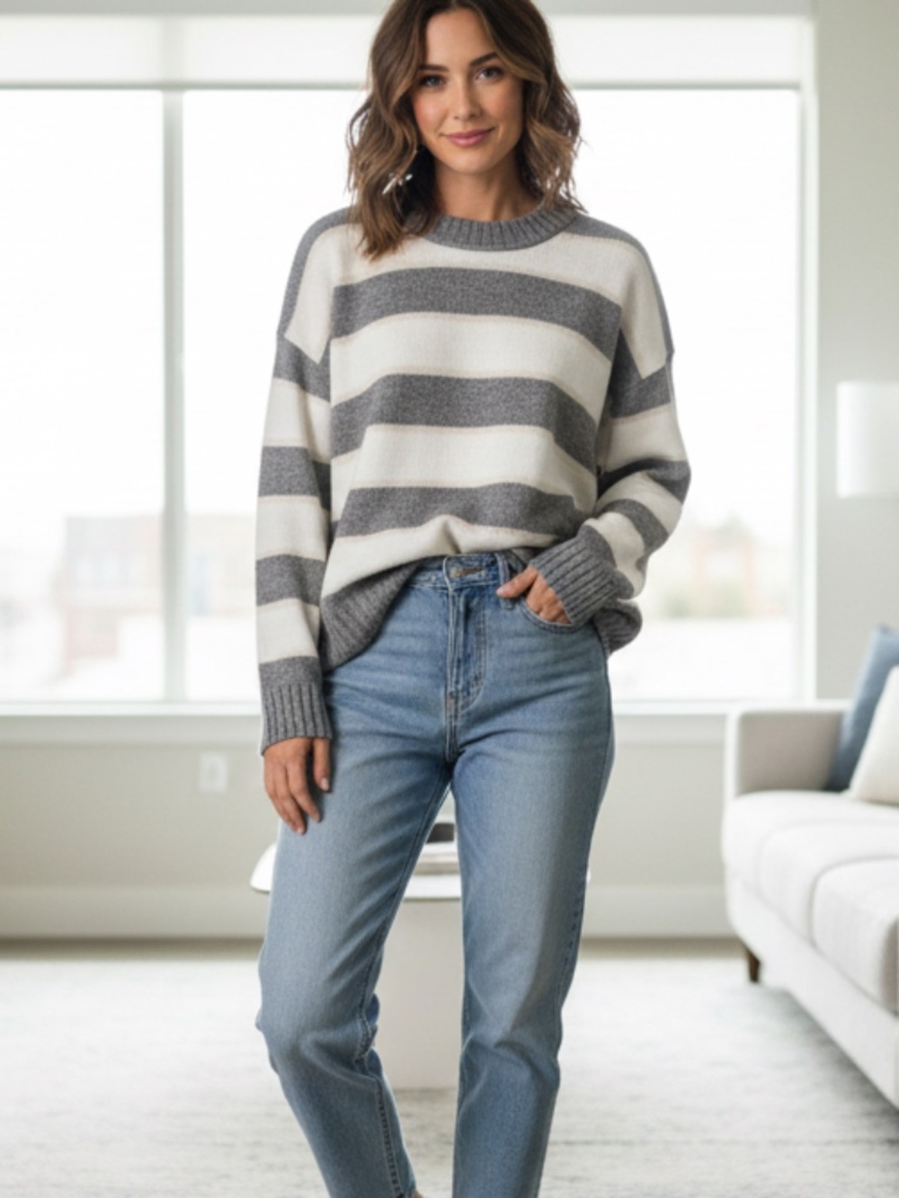 NWT ivory, gray, and beige striped pullover crewnecksweater. XL